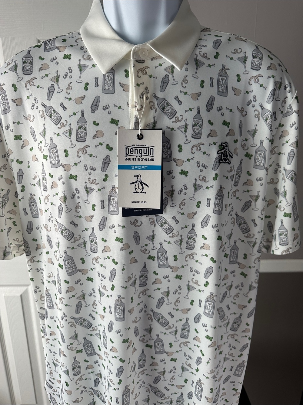 Original Penguin White Polo with Green & Gray Novelty Print